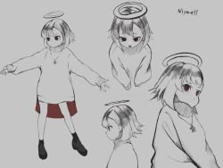 Rule 34 | 1girl, black footwear, black socks, closed mouth, commentary, daruma karei, greyscale, halo, highres, jewelry, long sleeves, monochrome, necklace, open mouth, original, red eyes, shoes, short hair, sketch, sleeves past wrists, socks, solo, spot color, sweater, turtleneck, turtleneck sweater
