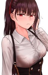 Rule 34 | &gt;:(, 1girl, adjusting hair, bad id, bad pixiv id, black skirt, blush, bra visible through clothes, braid, breasts, check commentary, closed mouth, collared shirt, commentary request, dress shirt, expressionless, flying sweatdrops, frown, girls&#039; frontline, hand in own hair, high-waist skirt, long hair, long sleeves, looking at viewer, medium breasts, ponytail, purple hair, red eyes, shirt, simple background, skirt, solo, suspender skirt, suspenders, sweat, tsurime, turisasu, upper body, v-shaped eyebrows, wa2000 (girls&#039; frontline), white background, white shirt, wing collar