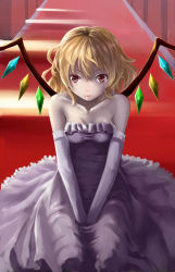 Rule 34 | 1girl, alternate costume, bad id, bad pixiv id, blonde hair, breasts, cleavage, collarbone, crying, crying with eyes open, dress, elbow gloves, expressionless, flandre scarlet, gloves, hallway, hands on lap, highres, lips, looking at viewer, pale skin, red eyes, seiza, short hair, sitting, solo, strapless, strapless dress, streaming tears, tears, touhou, wedding dress, wenhe, wings