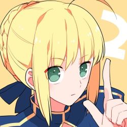 Rule 34 | 1girl, :d, ahoge, artoria pendragon (all), artoria pendragon (fate), bad id, bad twitter id, blonde hair, braid, countdown, eyebrows, fate/stay night, fate (series), green eyes, gum (gmng), hair bun, looking at viewer, lowres, open mouth, saber (fate), smile, solo, yellow background
