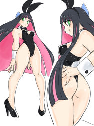 Rule 34 | 1girl, absurdres, ass, black hair, black neckwear, blunt bangs, bow, bowtie, breasts, colored inner hair, detached collar, hand on own hip, high heels, highres, leaning back, leotard, looking at viewer, medium breasts, multicolored hair, panty &amp; stocking with garterbelt, pink hair, playboy bunny, stocking (psg), toshinoshin