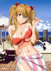 Rule 34 | 1girl, aged up, ahoge, artist name, beach, bikini, bird, blue eyes, blue sky, blush, breasts, cleavage, cloud, curvy, female focus, hair between eyes, head tilt, interface headset, large breasts, leaning to the side, long hair, looking at viewer, narrow waist, navel, neon genesis evangelion, penguin, penpen, photo background, red bikini, sarong, shiny skin, sky, smile, souryuu asuka langley, strapless, strapless bikini, striped clothes, striped sarong, swimsuit, twintails, two side up, underboob, wide hips, yamayoshi, yoshi (artist)