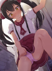 Rule 34 | 1girl, beret, black hair, blush, brick wall, brown eyes, closed mouth, clothes lift, commentary request, day, hair between eyes, hair ribbon, hat, have to pee, highres, idolmaster, idolmaster cinderella girls, lifted by self, long hair, matoba risa, outdoors, panties, pink panties, puffy short sleeves, puffy sleeves, red neckwear, red ribbon, red sailor collar, red skirt, ribbon, sailor collar, school uniform, seneto, serafuku, shirt, short sleeves, silhouette, skirt, skirt lift, solo, stain, stained panties, suspender skirt, suspenders, sweat, twintails, underwear, very long hair, wet, wet clothes, wet panties, wet spot, white hat, white shirt