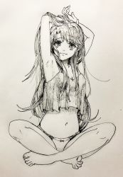 Rule 34 | 1girl, antenna hair, armpits, arms on head, arms up, breasts, highres, legs, long hair, monochrome, navel, oooranje nlj, original, panties, small breasts, solo, underwear, underwear only, very long hair