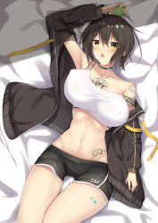 Rule 34 | 1girl, :o, ahoge, arm tattoo, arm up, armpits, azur lane, ball, baltimore (azur lane), baltimore (black ace) (azur lane), bandaid, bandaid on leg, bare shoulders, bed sheet, black choker, black jacket, black shorts, blush, braid, breasts, brown hair, chest tattoo, choker, collarbone, commentary request, covered erect nipples, cowboy shot, flower tattoo, french braid, groin, hair between eyes, holding, holding ball, jacket, kirisaki idumi, large breasts, long sleeves, looking at viewer, lying, midriff, navel, off-shoulder jacket, off shoulder, on back, on bed, open clothes, open jacket, open mouth, see-through, short hair, short shorts, shorts, shoulder tattoo, sidelocks, solo, sports bra, stomach tattoo, tattoo, taut clothes, tennis ball, unaligned breasts, wet bra, white sports bra, yellow eyes