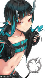 Rule 34 | 1girl, nanashi inc., belt, belt bra, black gloves, black hair, black jacket, blue belt, blue hair, blush, chest belt, closed mouth, clothing cutout, commentary request, cropped jacket, demon girl, demon horns, demon tail, fang, flat chest, gloves, horns, jacket, long hair, long sleeves, looking at viewer, midriff, multicolored hair, navel, open clothes, open jacket, partially fingerless gloves, pointy ears, red eyes, sankyo (821-scoville), shishio chris, shoulder cutout, simple background, smile, solo, sugar lyric, tail, two-tone hair, upper body, virtual youtuber, white background, zipper