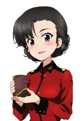 Rule 34 | 1girl, alternate hairstyle, asymmetrical bangs, black eyes, black hair, blush, braid, braided bun, commentary, cosplay, cup, darjeeling (girls und panzer), darjeeling (girls und panzer) (cosplay), girls und panzer, hair bun, holding, holding cup, kayabakoro, looking at viewer, nishi kinuyo, open mouth, short hair, simple background, smile, solo, st. gloriana&#039;s military uniform, twin braids, white background, yunomi