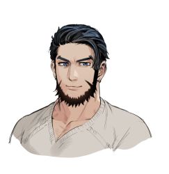Rule 34 | 1boy, alternate hairstyle, beard, blue eyes, chest hair, earrings, facial hair, foxvulpine, golden kamuy, jewelry, kiroranke, looking at viewer, male focus, shirt, smile, thick eyebrows, upper body, white background, white shirt, aged down