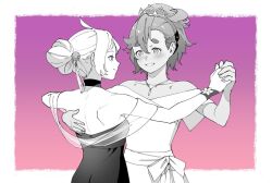 Rule 34 | 2girls, bare shoulders, blush, border, breasts, chinese commentary, choker, closed mouth, collarbone, commentary request, dancing, dress, flower, greyscale with colored background, gundam, gundam suisei no majo, hair between eyes, hair ornament, hair up, hairband, hand on another&#039;s back, holding hands, jewelry, looking at another, miorine rembran, multiple girls, necklace, official alternate costume, open mouth, sash, short hair, sleeveless, sleeveless dress, small breasts, smile, strapless, strapless dress, suletta mercury, sun 4x3, thick eyebrows, tiara, updo, white border, wrist cuffs, yuri