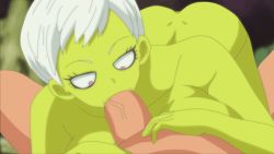 Rule 34 | 1boy, 1girl, animated, animated gif, ass, breast press, breasts, cheelai, colored skin, completely nude, dragon ball, dragon ball super, erection, fellatio, green skin, hetero, large breasts, lying on person, nude, oral, penis, riffsandskulls, short hair, veins, veiny penis