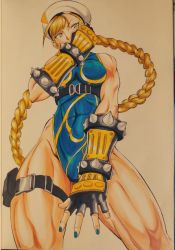 Rule 34 | 1girl, blonde hair, blue eyes, blue nails, bracelet, cammy white, capcom, gloves, hat, jewelry, leg strap, leotard, muscular, muscular female, muscular legs, nail polish, octavius dp, spiked bracelet, spikes, street fighter, twintails