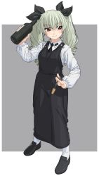 Rule 34 | 10s, 1girl, absurdres, alcohol, anchovy (girls und panzer), apron, bartender, black apron, black necktie, boko (maniacpurple), bottle, cork, corkscrew, dress shirt, drill hair, formal, girls und panzer, green hair, hair ribbon, highres, light smile, loafers, long hair, long sleeves, necktie, pantyhose, red eyes, ribbon, shirt, shoes, solo, twin drills, twintails, white pantyhose, white shirt, wine, wine bottle