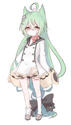 Rule 34 | 1girl, absurdly long hair, ahoge, akashi (azur lane), animal ears, azur lane, bell, black bow, black sailor collar, blush, bow, bowtie, brown eyes, buttons, cat ears, choker, closed mouth, double-breasted, dress, full body, green hair, grey footwear, hair between eyes, hair bow, hair ornament, heart, jingle bell, long hair, long sleeves, looking at viewer, low-tied long hair, neck bell, red bow, red neckwear, ribbon choker, ruten (onakasukusuku), sailor collar, sailor dress, shoes, short dress, simple background, sleeves past fingers, sleeves past wrists, slit pupils, standing, very long hair, white background, white dress, white legwear