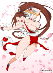Rule 34 | 1girl, armpits, bare arms, bare legs, bare shoulders, breasts, brown eyes, brown hair, cleavage, fatal fury, female focus, fingerless gloves, folding fan, full body, gloves, groin, hand fan, high ponytail, highres, japanese clothes, large breasts, loincloth, long hair, looking at viewer, matching hair/eyes, mita kurumi, ninja, pelvic curtain, plunging neckline, ponytail, red footwear, revealing clothes, rope, sash, shiranui mai, solo, the king of fighters, thick thighs, thighs, twitter username, very long hair