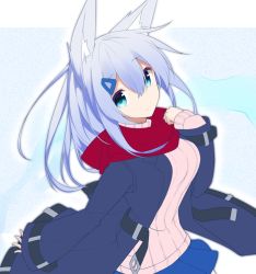 Rule 34 | 1girl, animal ear fluff, animal ears, belt, belt buckle, black belt, blue coat, blue eyes, blue skirt, blush, breasts, buckle, closed mouth, coat, fox ears, grey hair, hair between eyes, hair ornament, hairclip, hand up, long hair, long sleeves, looking at viewer, medium breasts, open clothes, open coat, original, pink sweater, pleated skirt, red scarf, ribbed sweater, scarf, shirogane kasane, skirt, sleeves past wrists, solo, surume aburi, sweater