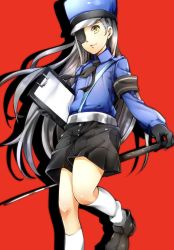 Rule 34 | 1girl, alternate costume, armband, black footwear, black gloves, black shorts, blue hat, blue shirt, collared shirt, dress shirt, eyepatch, floating hair, gloves, hat, highres, holding, kneehighs, lavenza (persona 5), leg up, loafers, long hair, long sleeves, looking at viewer, nakano maru, peaked cap, persona, persona 5, red background, shadow, shirt, shoes, short shorts, shorts, silver hair, simple background, socks, solo, standing, standing on one leg, very long hair, white socks, wing collar, yellow eyes