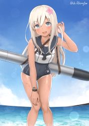 Rule 34 | 1girl, beach, blonde hair, blue eyes, blue sky, commentary, covered navel, crop top, day, driftkingtw, flower, hair flower, hair ornament, horizon, kantai collection, lens flare, long hair, looking at viewer, ocean, one-piece swimsuit, one-piece tan, open mouth, outdoors, ro-500 (kancolle), sailor collar, school swimsuit, skindentation, sky, smile, solo, standing, swimsuit, swimsuit under clothes, tan, tanline, torpedo, twitter username, water, wet