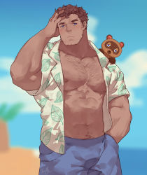 Rule 34 | 1boy, absurdres, animal crossing, bara, blue eyes, blue shorts, chest hair, closed mouth, dark-skinned male, dark skin, expressionless, guoguo, highres, large pectorals, male focus, mature male, muscular, muscular male, nintendo, nipple slip, nipples, open clothes, open shirt, pectoral cleavage, pectorals, personification, shorts, solo, thick eyebrows, tom nook (animal crossing)