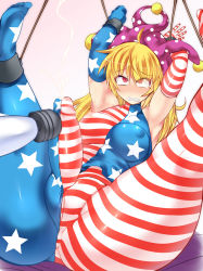 Rule 34 | 1girl, bdsm, blonde hair, bondage, bound, breasts, censored, clenched teeth, clownpiece, covered erect nipples, cum, futanari, gradient background, hisui (stapspats), hitachi magic wand, penis, pussy, sex toy, solo, tagme, teeth, touhou, vibrator