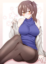 Rule 34 | 1girl, bare shoulders, blush, breasts, brown hair, commentary request, dress, floral background, hair between eyes, heart, holding, holding clothes, holding dress, jacket, jewelry, kaga (kancolle), kantai collection, knees up, large breasts, looking at viewer, open clothes, open jacket, open mouth, orange eyes, pantyhose, purple shirt, ring, rui shi (rayze ray), shirt, short hair, side ponytail, sidelocks, simple background, sitting, sleeveless, sleeveless shirt, solo, spoken heart, thighband pantyhose, turtleneck