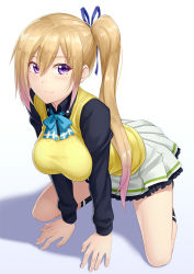 Rule 34 | 10s, 1girl, all fours, blonde hair, blush, breasts, commentary request, hair ribbon, kai (link2262), kawakami mai, large breasts, long hair, looking at viewer, mole, mole under eye, musaigen no phantom world, purple eyes, ribbon, school uniform, side ponytail, simple background, smile, solo, sweater vest, white background