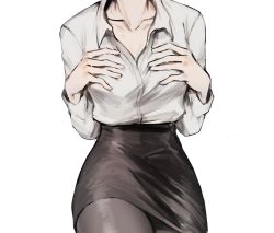 Rule 34 | 1girl, bad id, bad twitter id, black skirt, collared shirt, commentary, english commentary, facing viewer, grey pantyhose, hands up, head out of frame, highres, long sleeves, miniskirt, original, pantyhose, pencil skirt, shirt, simple background, skirt, solo, tsu (lovesick1964), white background, white shirt, wing collar