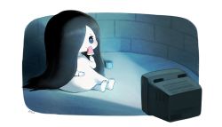 Rule 34 | 1girl, ayu (mog), barefoot, black eyes, black hair, bright pupils, chibi, commentary request, crt, dress, food, hair over one eye, long dress, long hair, looking at viewer, popsicle, screen light, signature, sitting, solo, television, television, the ring, very long hair, watermelon bar, well, white dress, yamamura sadako