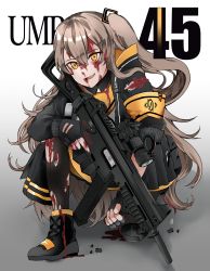 Rule 34 | 1girl, absurdres, armband, black footwear, black gloves, black jacket, black pantyhose, black skirt, blood, blood on face, boots, brown hair, character name, fingerless gloves, girls&#039; frontline, gloves, gradient background, gun, h&amp;k ump, h&amp;k ump, hair between eyes, hair ornament, highres, holding, holding gun, holding weapon, injury, jacket, jitsukawa ashi, knee pads, long hair, on one knee, one side up, open mouth, pantyhose, pleated skirt, simple background, single knee pad, skirt, solo, submachine gun, torn clothes, torn pantyhose, ump45 (girls&#039; frontline), weapon, yellow eyes
