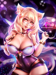 Rule 34 | 1girl, ahri (league of legends), animal ears, ass, bare shoulders, blonde hair, breasts, cleavage, earrings, ears down, facial mark, fox ears, fox girl, fox tail, glasses, gold trim, hair between eyes, half-closed eyes, heart, jewelry, k/da (league of legends), k/da ahri, large breasts, league of legends, long hair, looking at viewer, mumeaw, open mouth, purple background, realistic, round eyewear, self-upload, short sleeves, signature, simple background, solo, standing, tail, thighhighs, upper body, whisker markings, yellow eyes