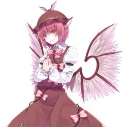 Rule 34 | 1girl, animal ears, blush, crote, dress, hands on own chest, hat, highres, mystia lorelei, own hands together, pink hair, red eyes, short hair, simple background, smile, solo, touhou, transparent background, white background, wings
