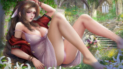 Rule 34 | 1girl, aerith gainsborough, against wall, barefoot, bow, breasts, brown hair, church, cleavage, cropped jacket, dress, drill hair, final fantasy, final fantasy vii, final fantasy vii remake, flower, jacket, lily (flower), off shoulder, panties, pink bow, pink dress, pink panties, plant, red jacket, ruins, solo, square enix, strap slip, toes, tri drills, turewindwalker, underwear, vines