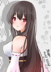 Rule 34 | 1girl, 9610 (kuroto), absurdres, artist name, black hair, breasts, dated, detached sleeves, floral background, fusou (kancolle), highres, japanese clothes, kantai collection, large breasts, long hair, looking at viewer, one-hour drawing challenge, red eyes, ribbon-trimmed sleeves, ribbon trim, smile, solo, upper body, yagasuri