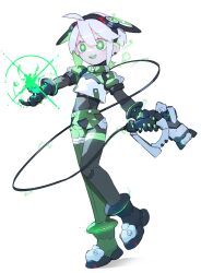 Rule 34 | 1girl, absurdres, bright pupils, cable, cheri zao, cropped shirt, energy, full body, green eyes, green hair, gun, highres, holding, holding gun, holding weapon, multicolored hair, original, robot girl, shirt, short hair, simple background, solo, two-tone hair, weapon, white background, white hair, white shirt