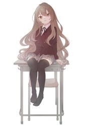 Rule 34 | 1girl, absurdres, aisaka taiga, black ribbon, black thighhighs, blazer, brown eyes, brown hair, buttons, chair, closed mouth, collared shirt, commentary request, desk, double-breasted, full body, grey skirt, hair between eyes, highres, jacket, long hair, long sleeves, looking at viewer, neck ribbon, no shoes, on desk, oohashi high school uniform, pleated skirt, red jacket, ribbon, school chair, school desk, school uniform, sekii, shirt, simple background, sitting, skirt, solo, thighhighs, toradora!, very long hair, white background, white shirt