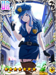 Rule 34 | 1girl, badge, belt, blue eyes, blue hair, breasts, city, cleavage, cuffs, fairy tail, gloves, handcuffs, hat, juvia lockser, large breasts, long hair, official art, police, police hat, police uniform, skirt, smile, tattoo, thighhighs, uniform