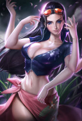 Rule 34 | 1girl, black hair, blue eyes, blue shirt, breasts, cleavage, collarbone, cowboy shot, crop top, extra arms, eyelashes, eyewear on head, female focus, floral print, flower, glasses, grass, hair slicked back, hana hana no mi, hands up, head tilt, highres, large breasts, lips, long hair, looking at viewer, midriff, navel, nico robin, no bra, one piece, open clothes, open shirt, outdoors, petals, pink skirt, sakimichan, sarong, shirt, short sleeves, side slit, skirt, solo, sunglasses, unzipped, zipper