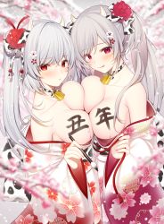Rule 34 | 2girls, animal print, bare shoulders, bell, blush, breast press, breasts, brush, choker, cleavage, colored eyelashes, cow horns, cow print, floral print, flower, hair flower, hair ornament, hair ribbon, highres, horns, japanese clothes, kimono, large breasts, long hair, looking at viewer, miko (royal milk), multiple girls, neck bell, new year, original, red eyes, ribbon, smile, symmetrical docking, twintails, white hair, wide sleeves, yuri