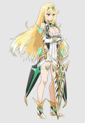Rule 34 | 1girl, armor, bare legs, blonde hair, breasts, cleavage, dress, full body, gloves, highres, large breasts, legs, long hair, long legs, looking at viewer, miniskirt, mythra (xenoblade), nintendo, skirt, smile, solo, sword, weapon, white background, xenoblade chronicles (series), xenoblade chronicles 2, xenoblade chronicles (series), xenoblade chronicles 2, yellow eyes
