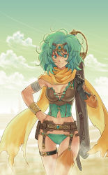Rule 34 | 1girl, adapted costume, alternate costume, bikini, breasts, chunsoft, cleavage, corset, dragon quest, dragon quest iv, enix, gloves, green eyes, green hair, hand on own hip, heroine (dq4), hip focus, large breasts, lowleg, lowleg bikini, matching hair/eyes, payuko, scarf, short hair, solo, swimsuit, sword, thigh strap, thighhighs, weapon