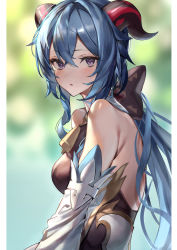 Rule 34 | 1girl, absurdres, bare shoulders, bell, blue hair, blurry, blurry background, blush, breasts, crossed bangs, detached sleeves, from side, ganyu (genshin impact), genshin impact, goat horns, highres, horns, kabi (zcwd8845), large breasts, long hair, long sleeves, looking at viewer, looking to the side, parted lips, purple eyes, sidelocks, solo, upper body