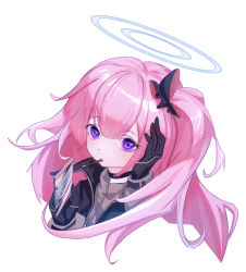 Rule 34 | 1girl, ambriel (arknights), arknights, black bow, black gloves, bow, chinese commentary, commentary request, cropped torso, food, food in mouth, gloves, hair between eyes, hair bow, halo, hands up, holding, long hair, looking at viewer, mouth hold, one side up, pink hair, pocky, purple eyes, simple background, solo, upper body, white background, zoujieyuan