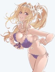 Rule 34 | 1girl, bare shoulders, bikini, blonde hair, blue eyes, breasts, cleavage, clenched hands, collarbone, diadem, flower, from side, front-tie bikini top, front-tie top, granblue fantasy, grey background, hair flower, hair intakes, hair ornament, highres, hip focus, jeanne d&#039;arc (granblue fantasy), large breasts, lily (flower), long hair, looking at viewer, navel, parted lips, ponytail, purple bikini, running, sieru, simple background, smile, solo, swimsuit, thighs