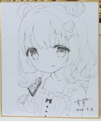 Rule 34 | 1girl, :p, blush, bow, chitosezaka suzu, closed mouth, commentary request, dated, double bun, dress, food, frilled dress, frills, hair bow, hair bun, highres, holding, holding food, long hair, looking at viewer, original, photo (medium), popsicle, shell hair ornament, signature, sleeveless, sleeveless dress, smile, solo, tongue, tongue out, traditional media, upper body, watermelon bar