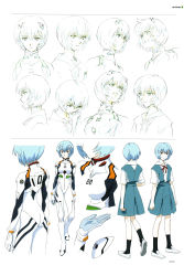 Rule 34 | 1girl, absurdres, artbook, ass, ayanami rei, blue hair, bodysuit, breasts, character name, close-up, evangelion: 2.0 you can (not) advance, expressionless, full body, highres, looking at viewer, looking to the side, neon genesis evangelion, official art, plugsuit, rebuild of evangelion, red eyes, scan, school uniform, simple background, skirt, solo, standing, thighs, tokyo-3 middle school uniform, white background, wide hips