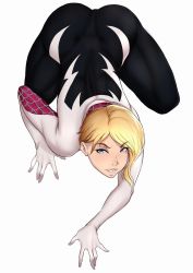Rule 34 | 1girl, ass, asymmetrical hair, blonde hair, blue eyes, bodysuit, crawling, eyebrow piercing, gwen stacy, highres, hood, lips, looking at viewer, marvel, mkonstantinov, piercing, short hair, smile, solo, spider-gwen, spider-man: into the spider-verse, spider-man (series), spider-verse, spider web print, superhero costume, thick thighs, thighs, tooth gap, white background