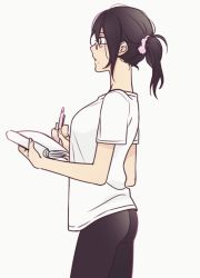 Rule 34 | 1girl, black hair, black pants, dcon 34, from side, glasses, haikyuu!!, highres, holding, holding pen, looking to the side, mole, mole under mouth, pants, pen, ponytail, shimizu kiyoko, shirt, short sleeves, solo, white shirt