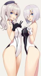 Rule 34 | 2girls, beret, black gloves, black one-piece swimsuit, blue eyes, blush, breasts, competition swimsuit, covered navel, cowboy shot, gloves, grey background, grey eyes, hair between eyes, hair ornament, hair over one eye, hairclip, hamakaze (kancolle), hand gesture, hands on own chest, hat, highleg, highleg swimsuit, highres, hip focus, kantai collection, kashima (kancolle), large breasts, long hair, looking at viewer, multiple girls, one-piece swimsuit, short hair, sidelocks, silver hair, simple background, smile, sukebewe, swimsuit, symmetry, thighs, tongue, tongue out, transparent background, tsurime, twintails, two-tone swimsuit, v, wavy hair, white gloves, white one-piece swimsuit