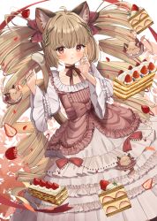 Rule 34 | 1girl, :t, ahoge, animal ear fluff, animal ears, blunt bangs, blush, cake, cat ears, commentary, dress, drill hair, food, fork, fruit, goma (u p), hand on own cheek, hand on own face, hands up, highres, holding, holding fork, layered dress, light brown hair, long sleeves, looking at viewer, original, red dress, red eyes, sidelocks, simple background, strawberry, twin drills, twintails, upper body, white background, white dress