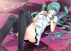 Rule 34 | 1girl, aqua eyes, aqua hair, bed, black thighhighs, colorized, hatsune miku, headset, highres, hikapan, long hair, looking at viewer, lying, on back, panties, pantyshot, saeki shun, solo, thighhighs, tosh (imonade ryouchou), twintails, underwear, vocaloid, world is mine (vocaloid)