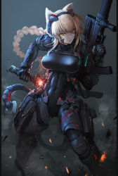 Rule 34 | 1girl, animal ears, arm armor, armor, assault rifle, black bodysuit, blonde hair, bodysuit, braid, breasts, bullpup, flaming sword, flaming weapon, check copyright, commentary, commission, copyright request, covered abs, covered navel, english commentary, feet out of frame, glowing, glowing sword, glowing weapon, grey background, gun, handgun, headphones, hetza (hellshock), holding, holding weapon, holstered, hot, large breasts, leg armor, long hair, looking at viewer, original, parted lips, pistol, rifle, science fiction, sheath, sheathed, single braid, solo, standing, suppressor, sword, tail, tight clothes, very long hair, weapon, yellow eyes